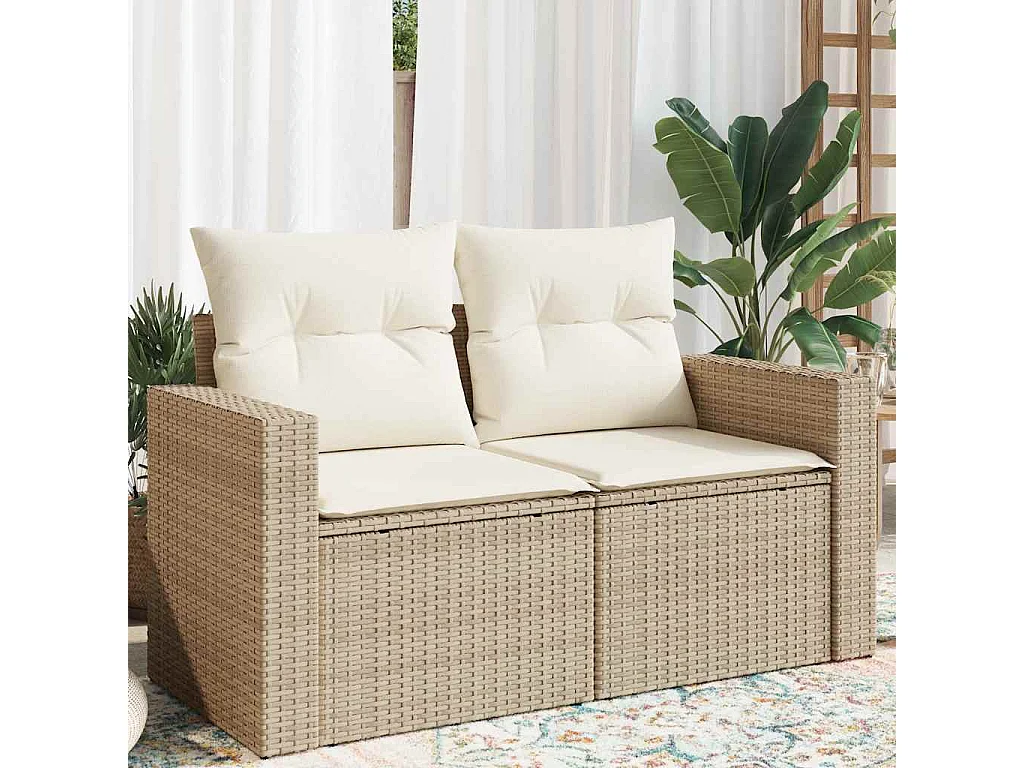 Gartensofa mit Kissen 2-Sitzer Beige Poly Rattan