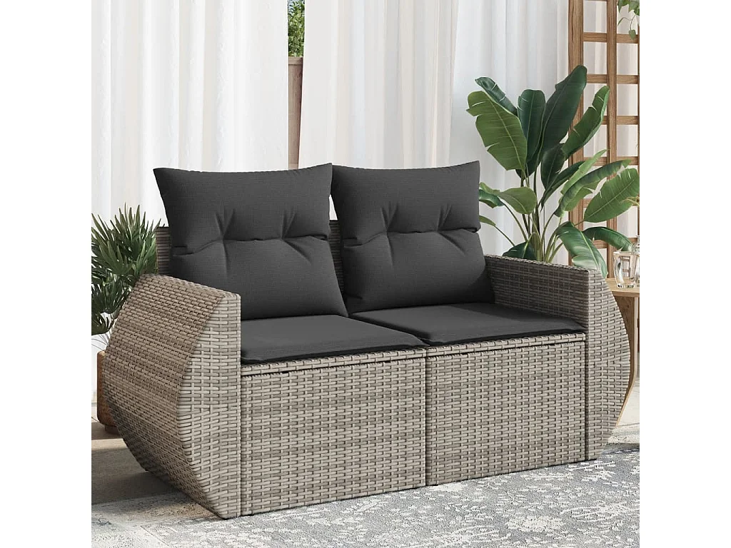 Gartensofa 2-Sitzer mit Kissen Grau Poly Rattan