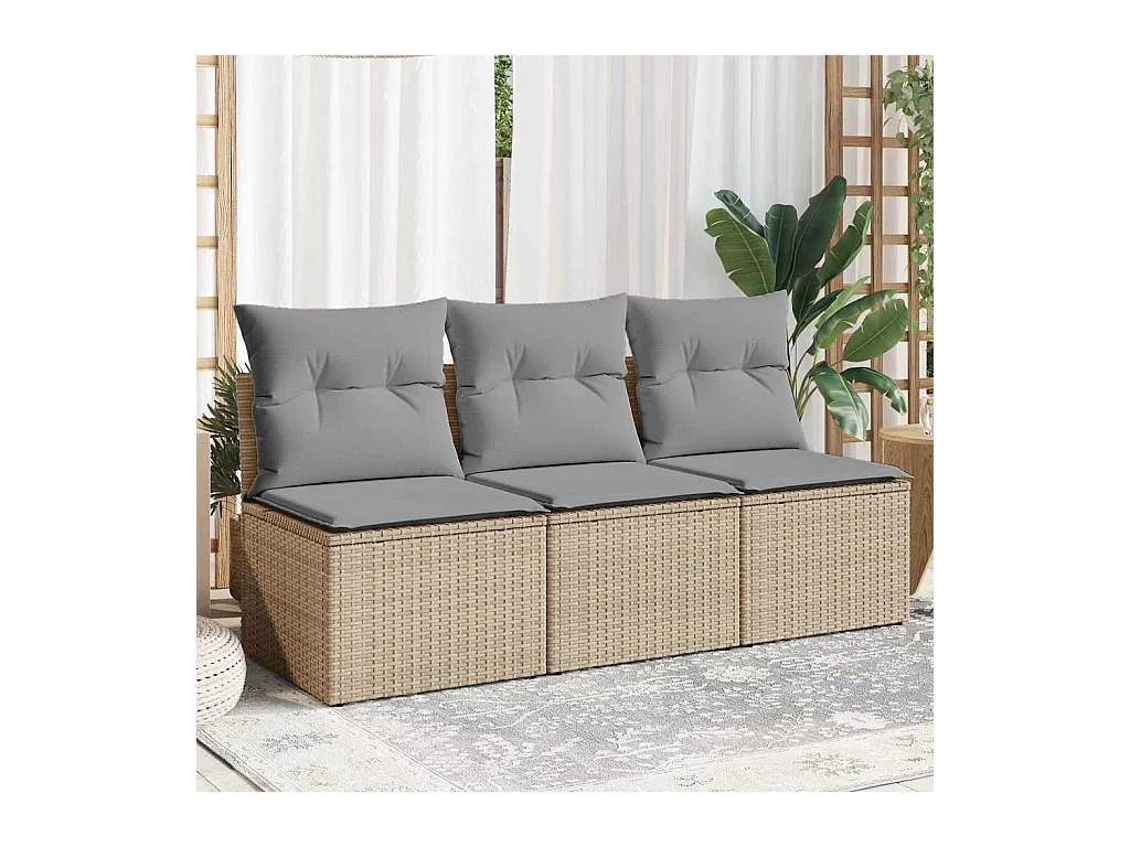 Gartensofa mit Kissen 3-Sitzer Beige Poly Rattan