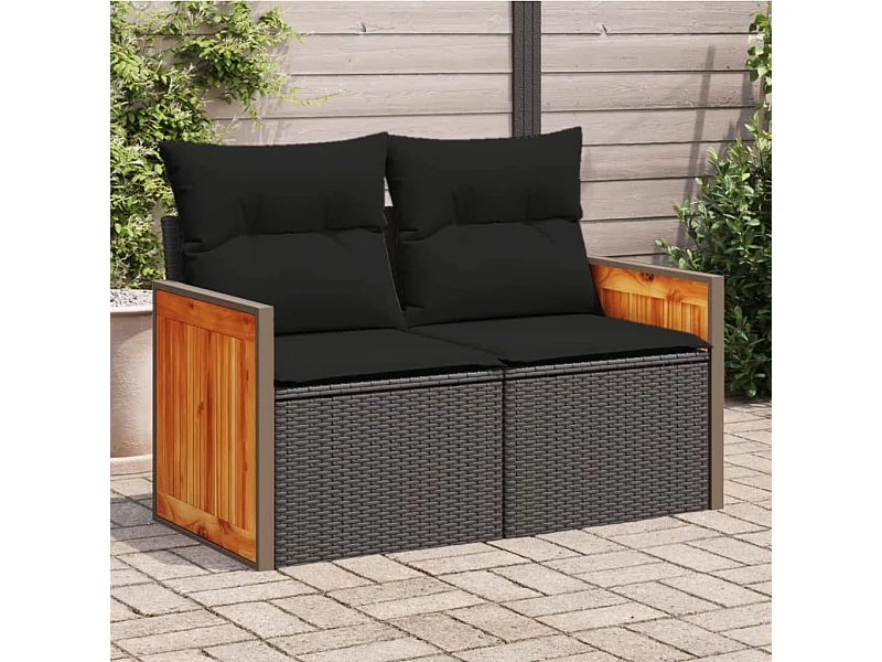 Gartensofa mit Kissen 2-Sitzer Schwarz Poly Rattan