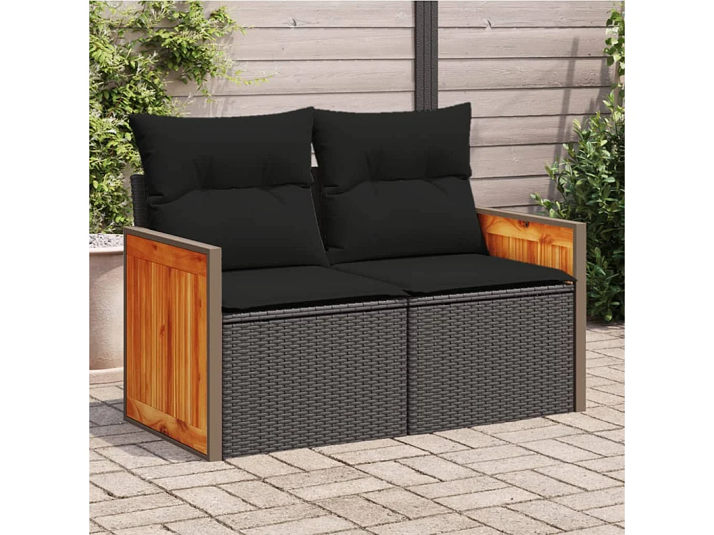 Tuinbank 2-zits met kussens poly rattan zwart