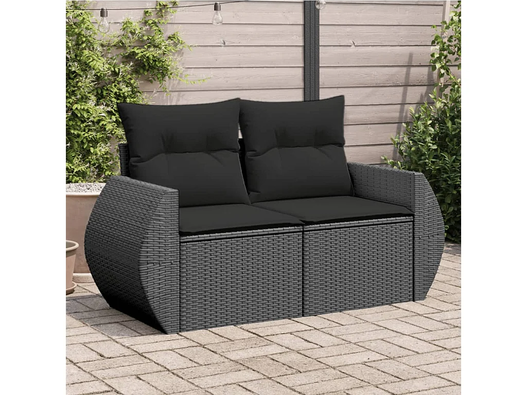 Tuinbank 2-zits met kussens poly rattan zwart