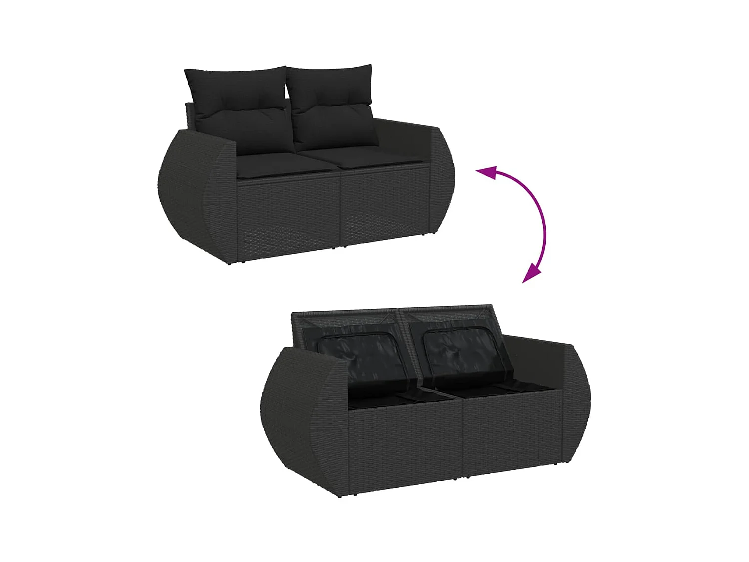 Tuinbank met kussens 2-zits zwart poly rattan