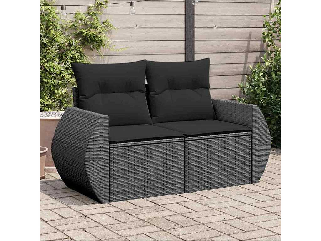 Sofá de jardim com almofadas, 2 lugares, vime sintético preto