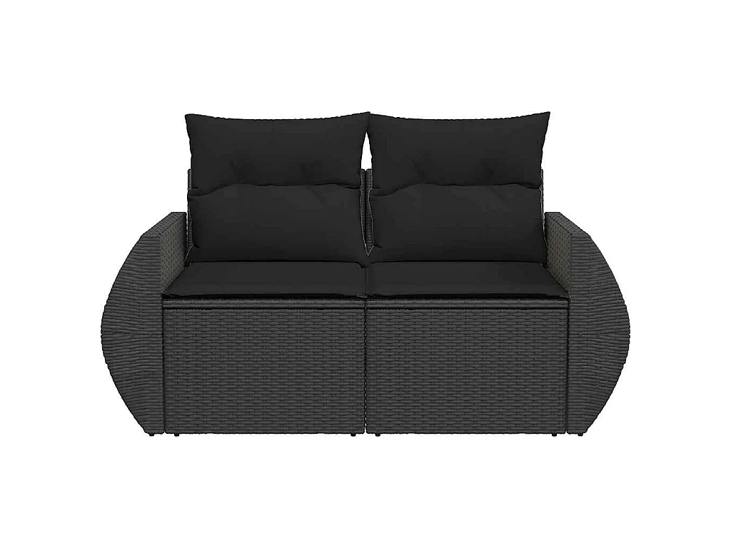 Sofá de jardim com almofadas, 2 lugares, vime sintético preto