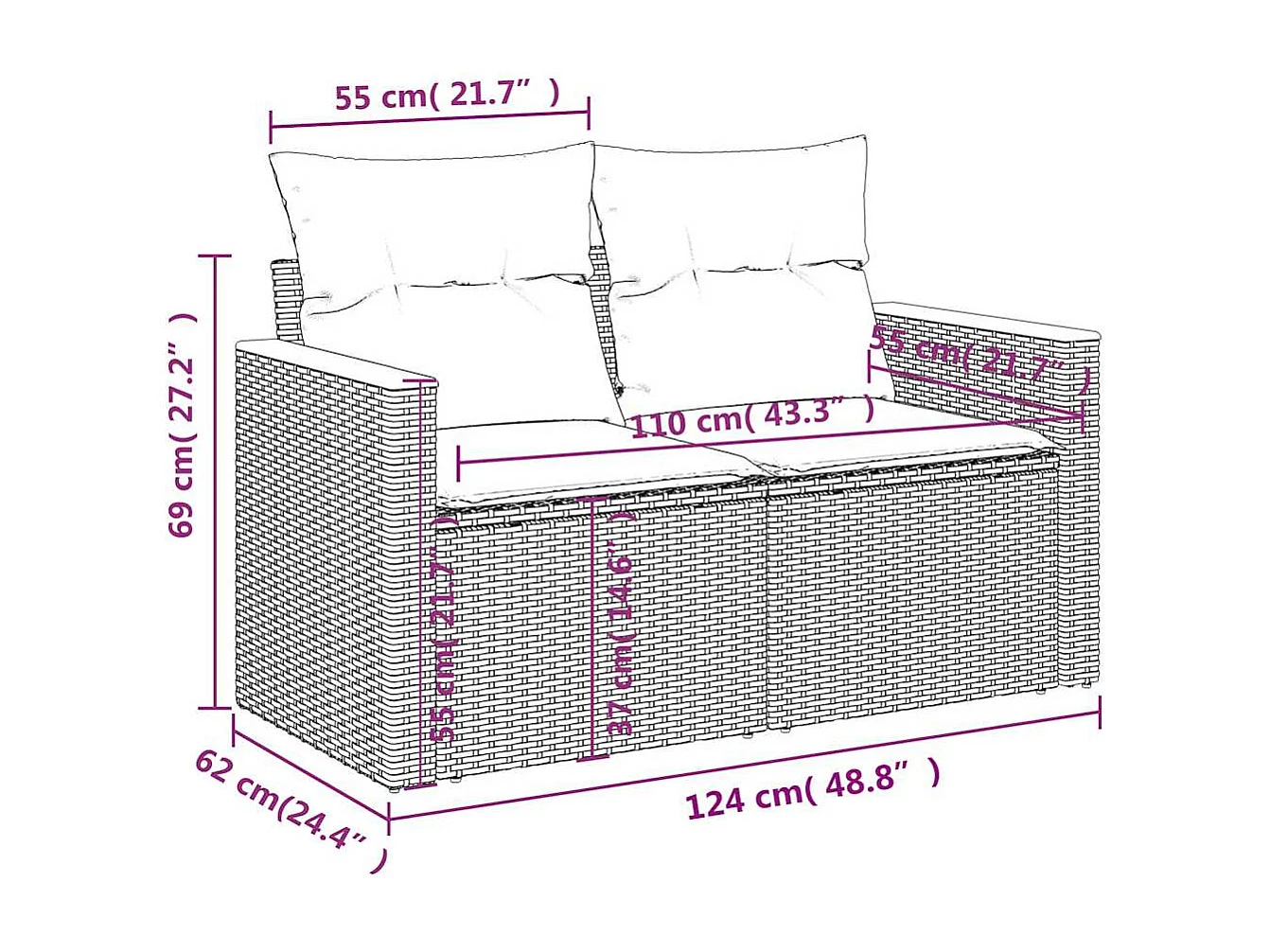 Gartensofa mit Kissen 2-Sitzer Schwarz Poly Rattan