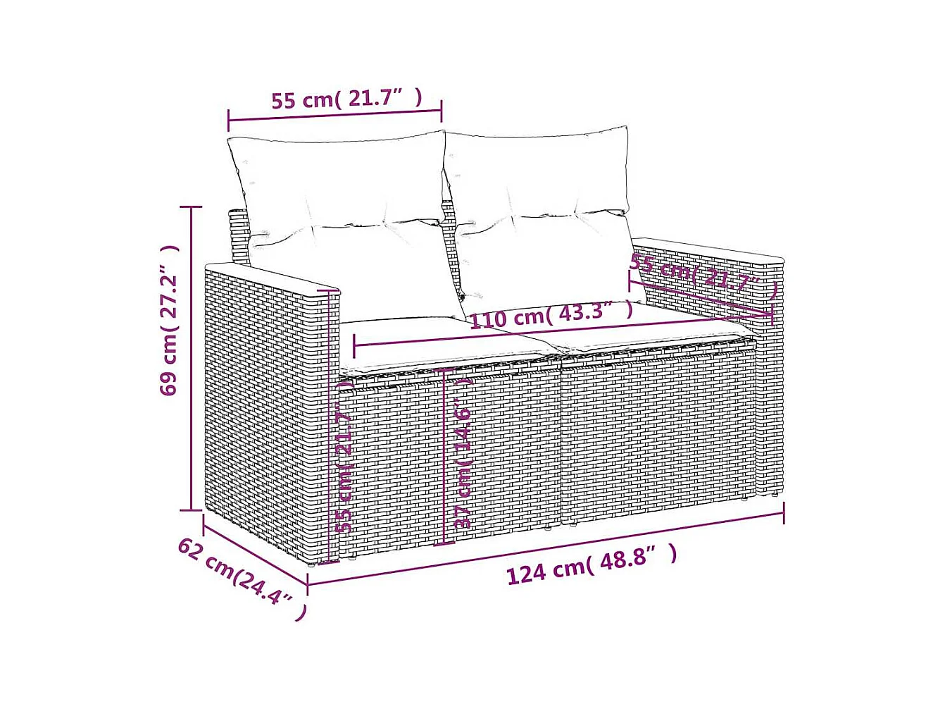 Tuinbank 2-zits met kussens poly rattan zwart