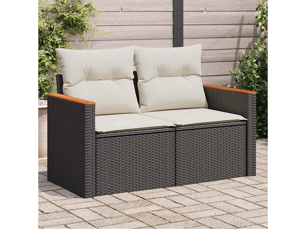 Tuinbank 2-zits met kussens poly rattan zwart
