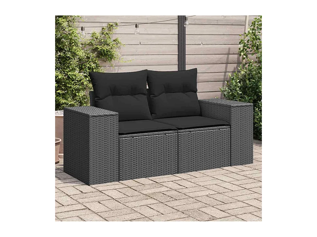 Divano da Giardino con Cuscini a 2 Posti Nero in Polyrattan