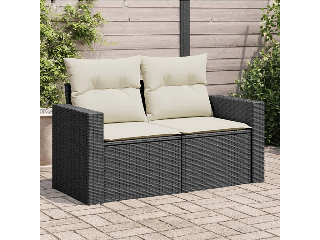 Gartensofa mit Kissen 2-Sitzer Schwarz Poly Rattan