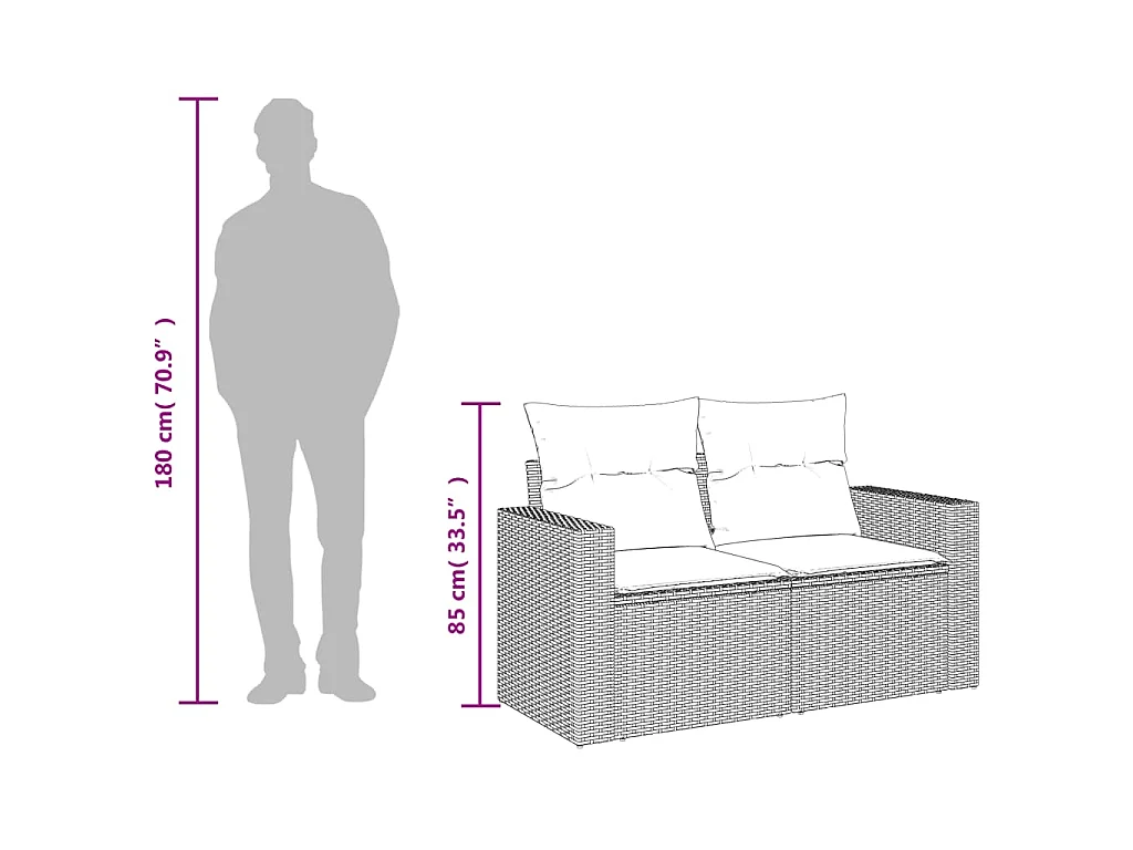 Gartensofa mit Kissen 2-Sitzer Schwarz Poly Rattan