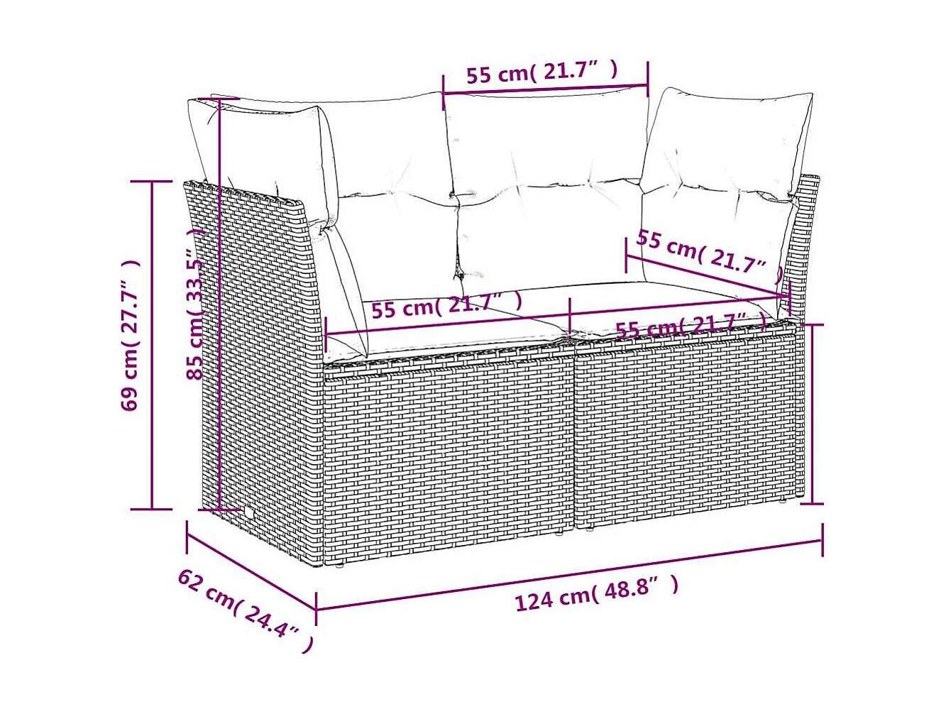 Canapé de jardin 2 places avec coussins gris résine tressée