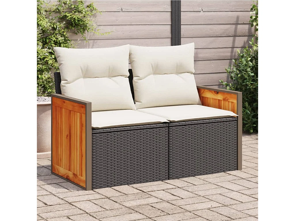 Gartensofa mit Kissen 2-Sitzer Schwarz Poly Rattan