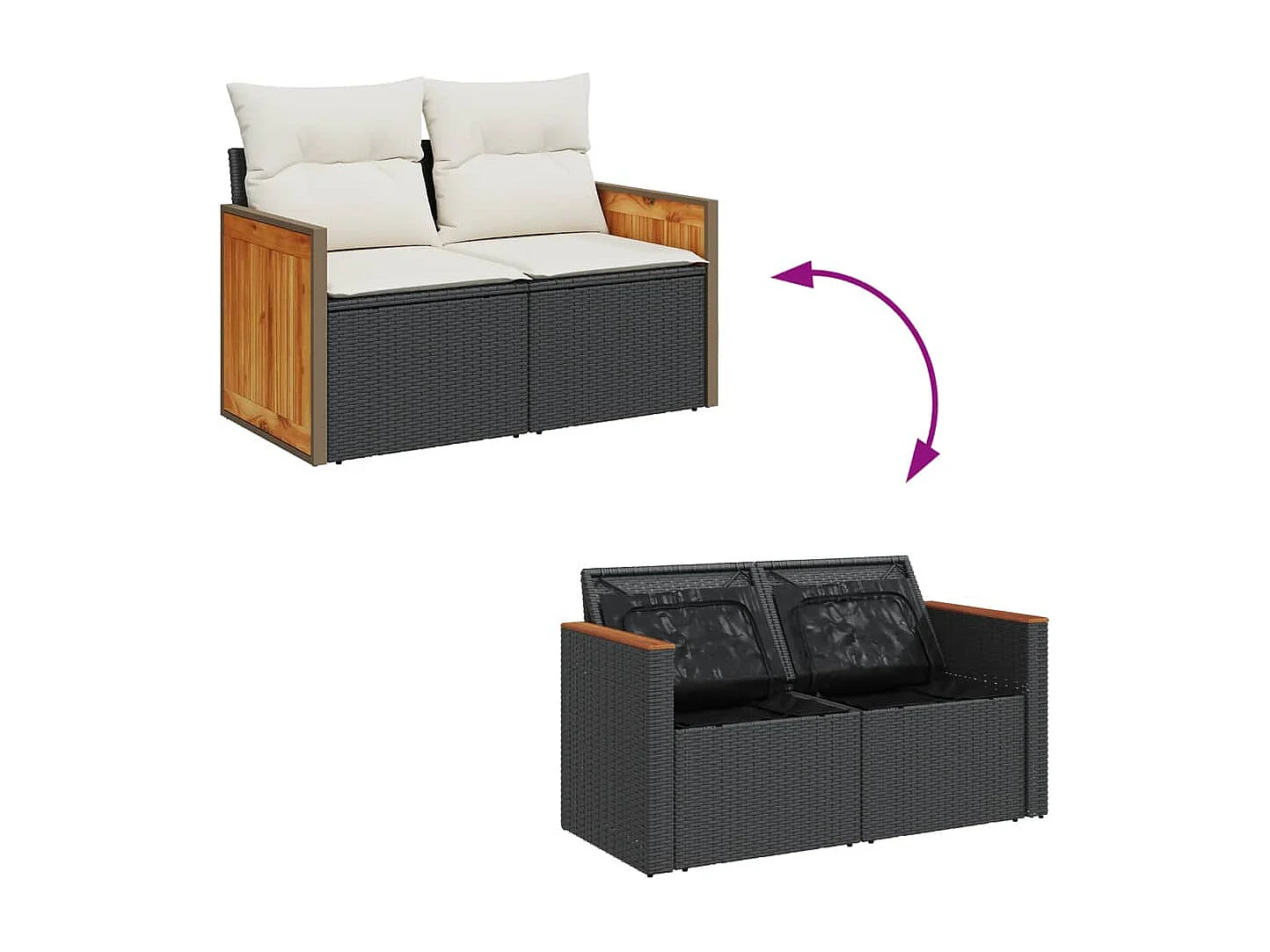 Gartensofa mit Kissen 2-Sitzer Schwarz Poly Rattan