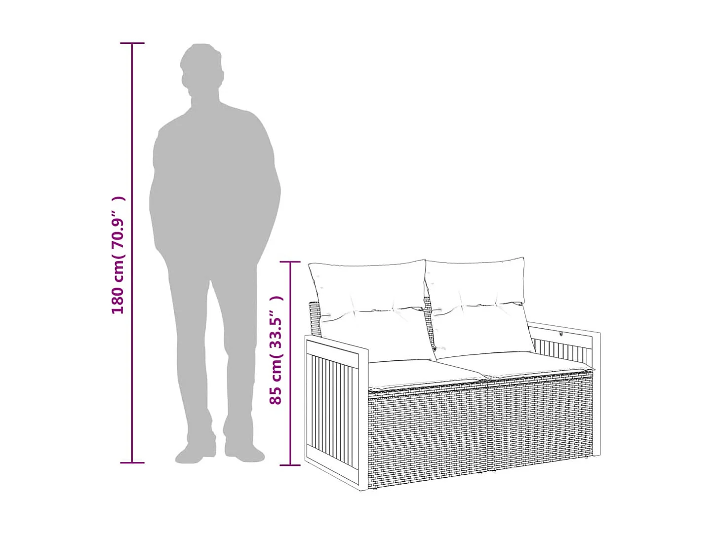 Gartensofa mit Kissen 2-Sitzer Schwarz Poly Rattan