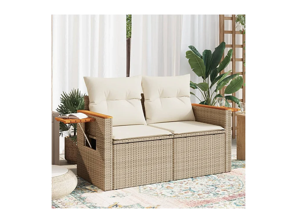 Gartensofa mit Kissen 2-Sitzer Beige Poly Rattan