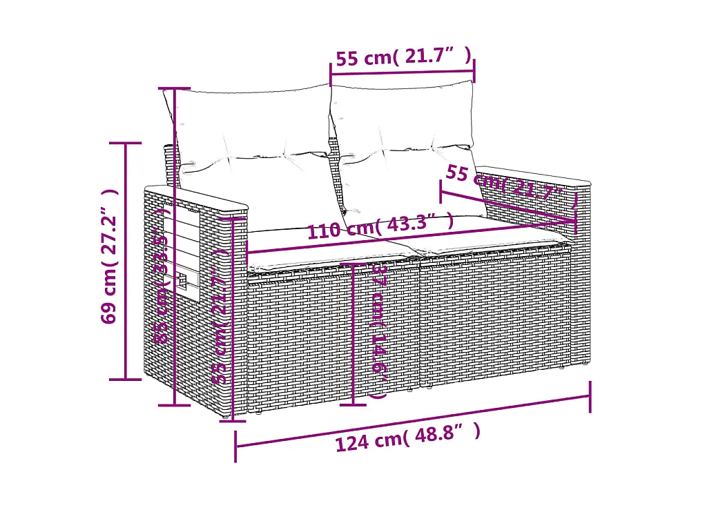 Tuinbank 2-zits met kussens poly rattan beige