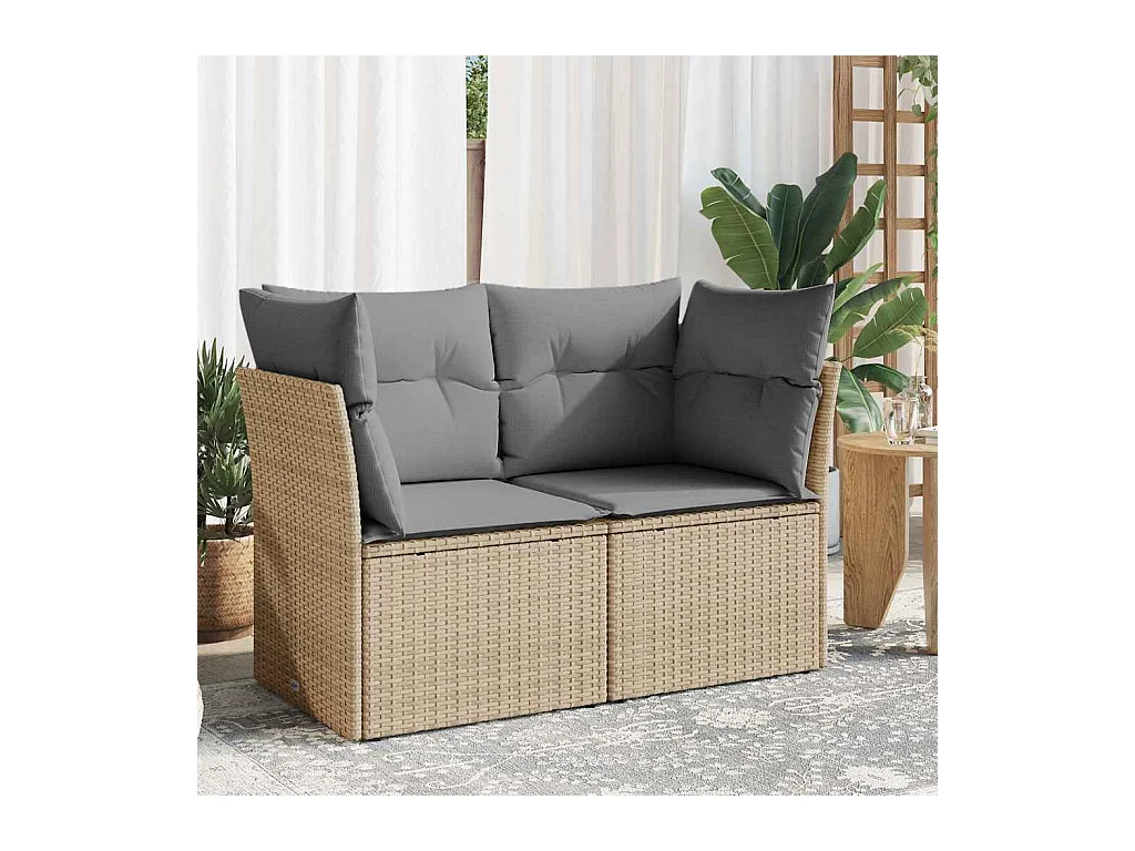Tuinbank 2-zits met kussens poly rattan beige