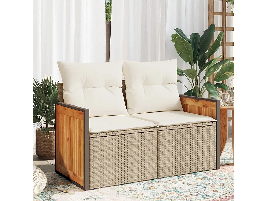 Tuinbank 2-zits met kussens poly rattan beige