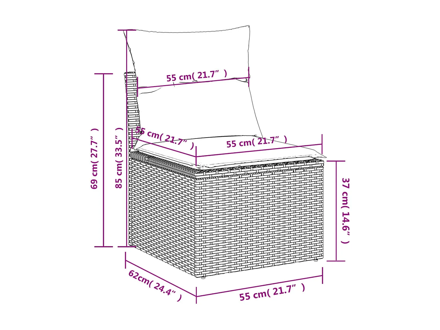 Gartensessel ohne Armlehnen mit Kissen Grau Poly Rattan