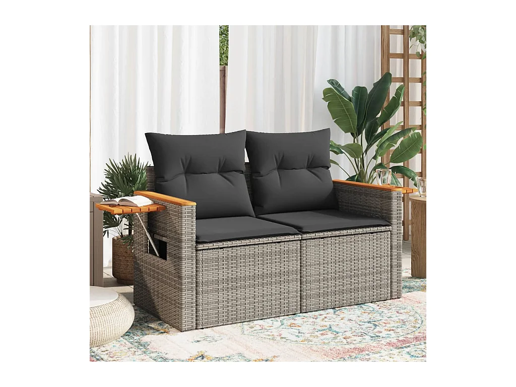 Gartensofa 2-Sitzer mit Kissen Grau Poly Rattan