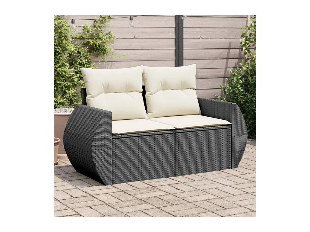 Divano da Giardino con Cuscini a 2 Posti Nero in Polyrattan
