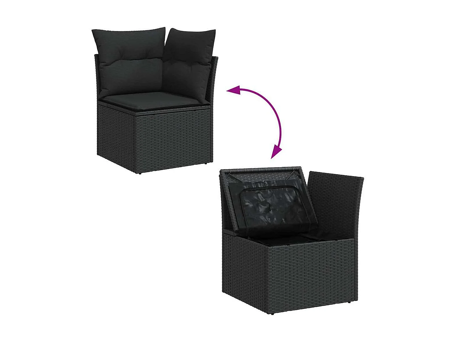 Divano da giardino angolare con cuscini nero in polyrattan