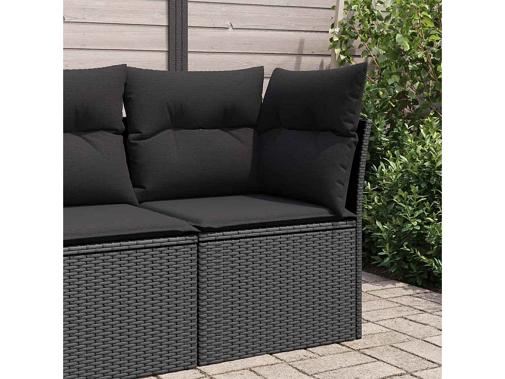 Divano da giardino angolare con cuscini nero in polyrattan