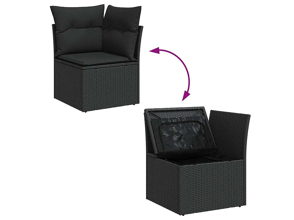 Divano da giardino angolare con cuscini nero in polyrattan