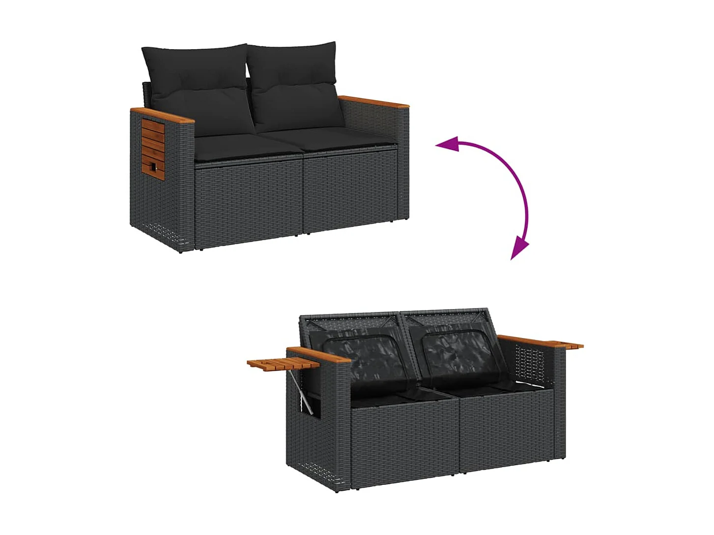 Divano da Giardino con Cuscini a 2 Posti Nero in Polyrattan