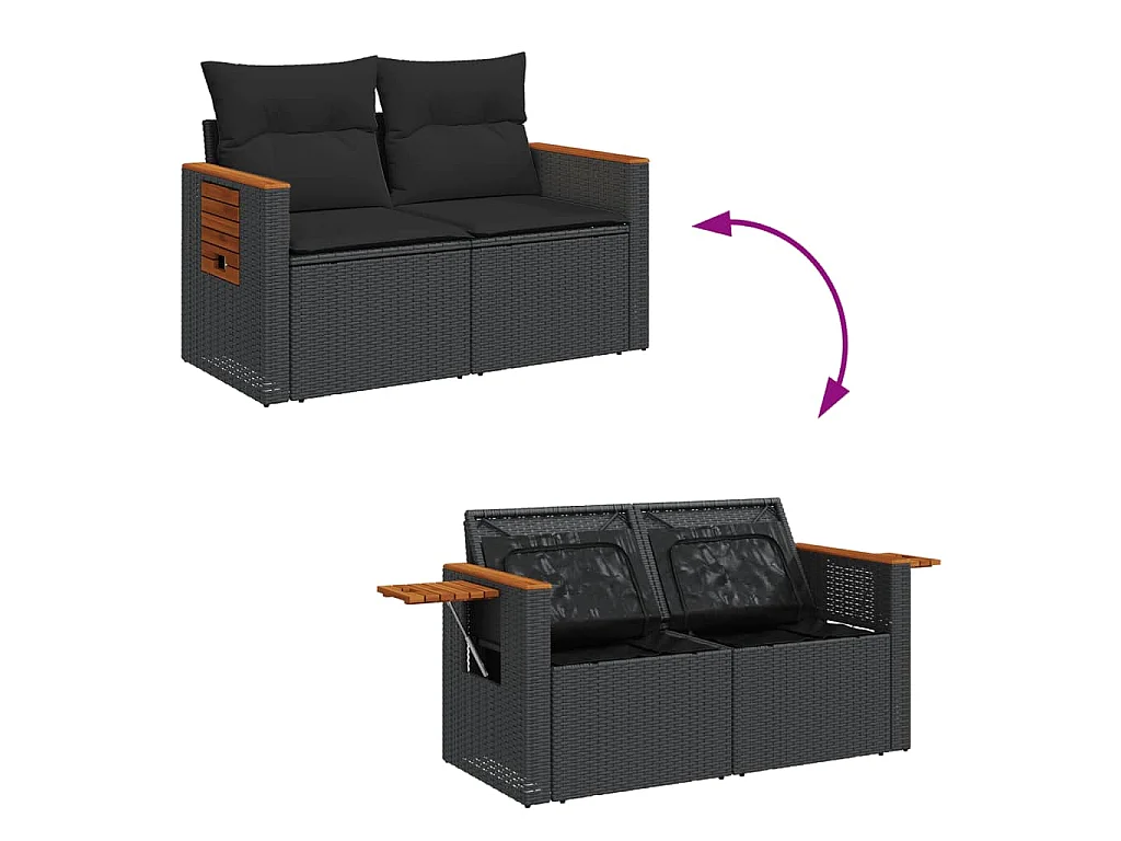 Tuinbank 2-zits met kussens poly rattan zwart