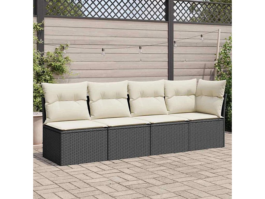 Gartensofa mit Kissen 4-Sitzer Schwarz Poly Rattan