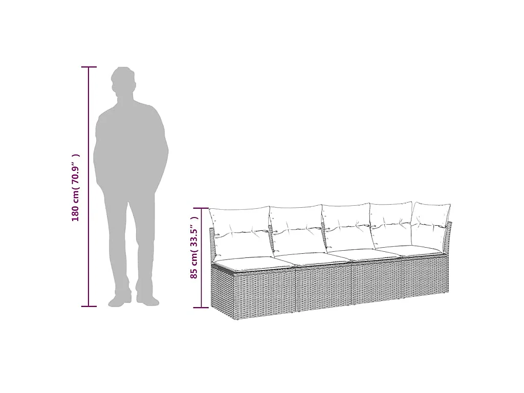 Tuinbank 4-zits met kussens poly rattan zwart