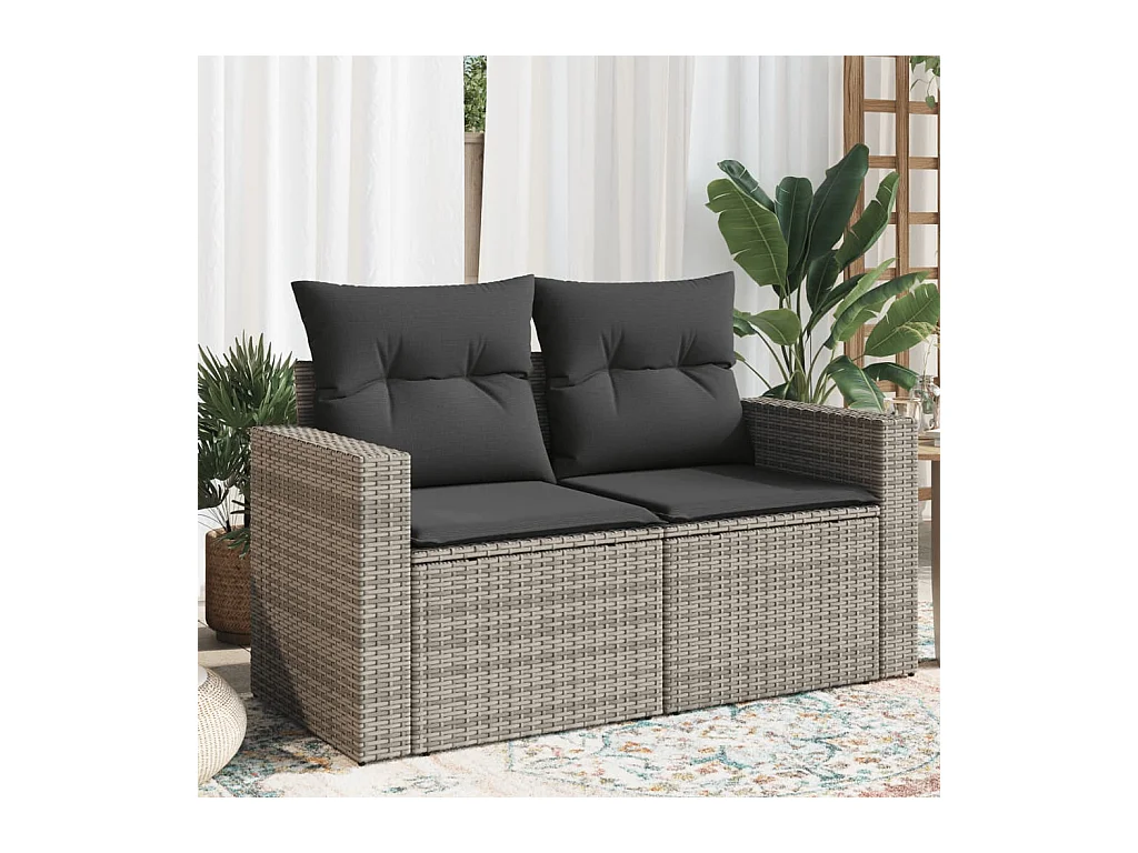 Canapé de jardin 2 places avec coussins gris résine tressée
