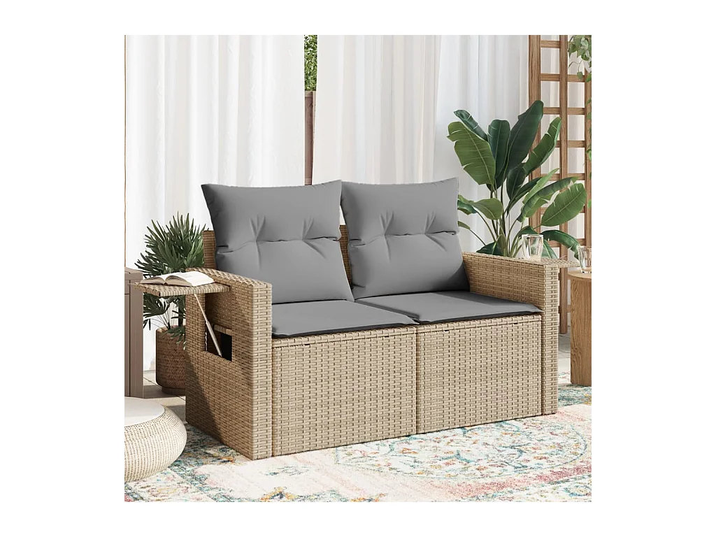 Gartensofa mit Kissen 2-Sitzer Beige Poly Rattan