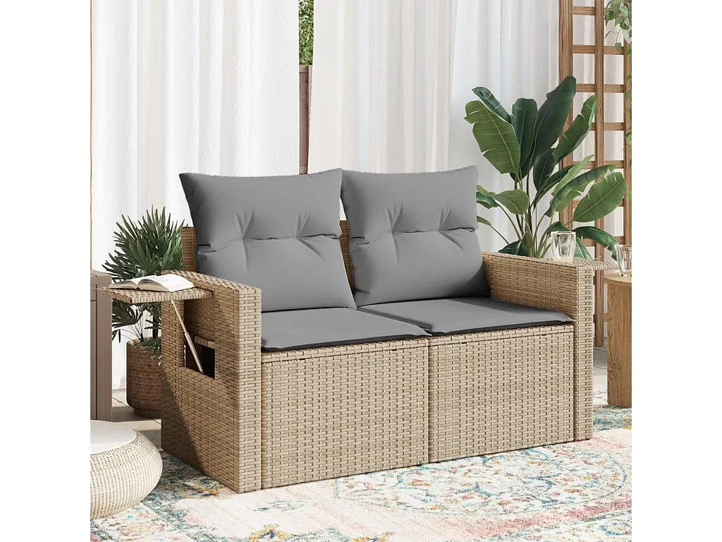 Tuinbank 2-zits met kussens poly rattan beige