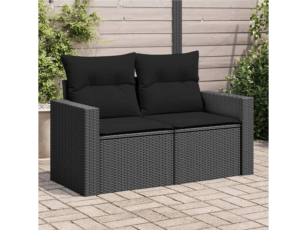 Sofá de jardim com almofadas, 2 lugares, vime sintético preto