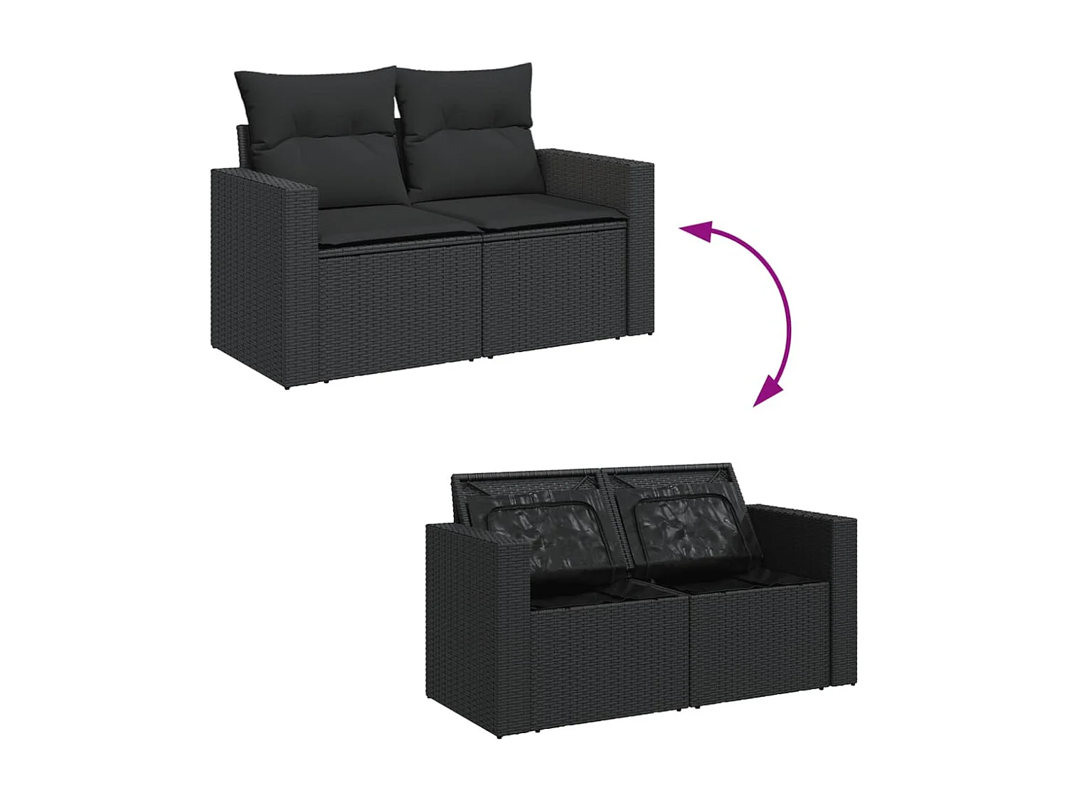 Sofá de jardim com almofadas, 2 lugares, vime sintético preto