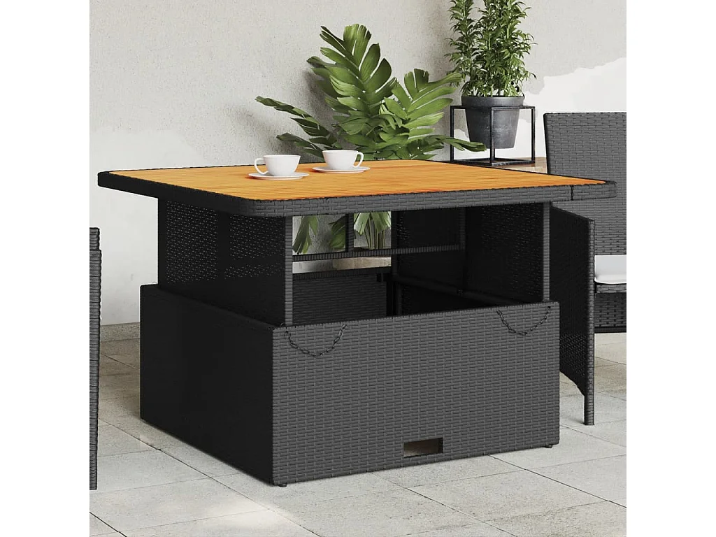 Table de jardin noir 110x110x71cm résine tressée et bois acacia