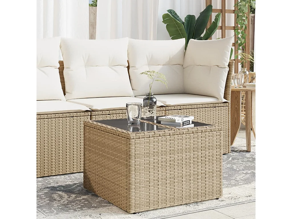 Tuintafel met glazen blad 55x55x37 cm poly rattan beige