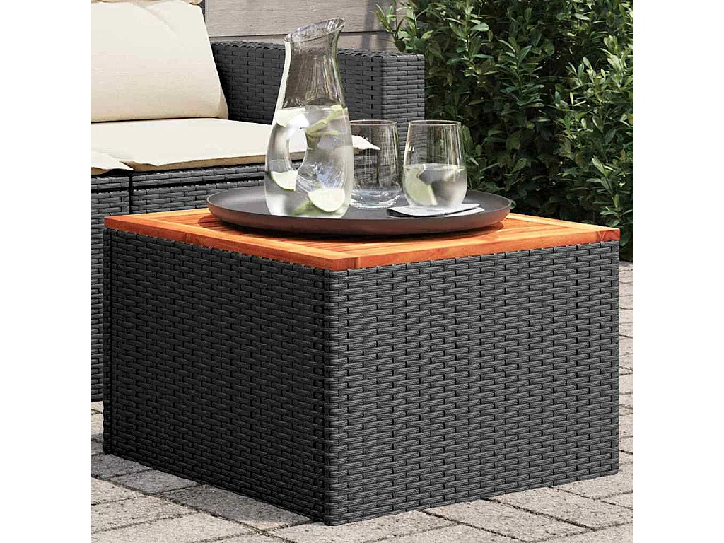Table de jardin noire 55 x 55 x 37 cm en résine tressée et bois d'acacia
