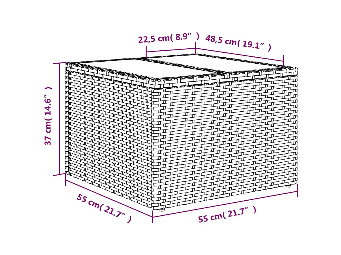 Tuintafel met glazen blad 55x55x37 cm poly rattan grijs