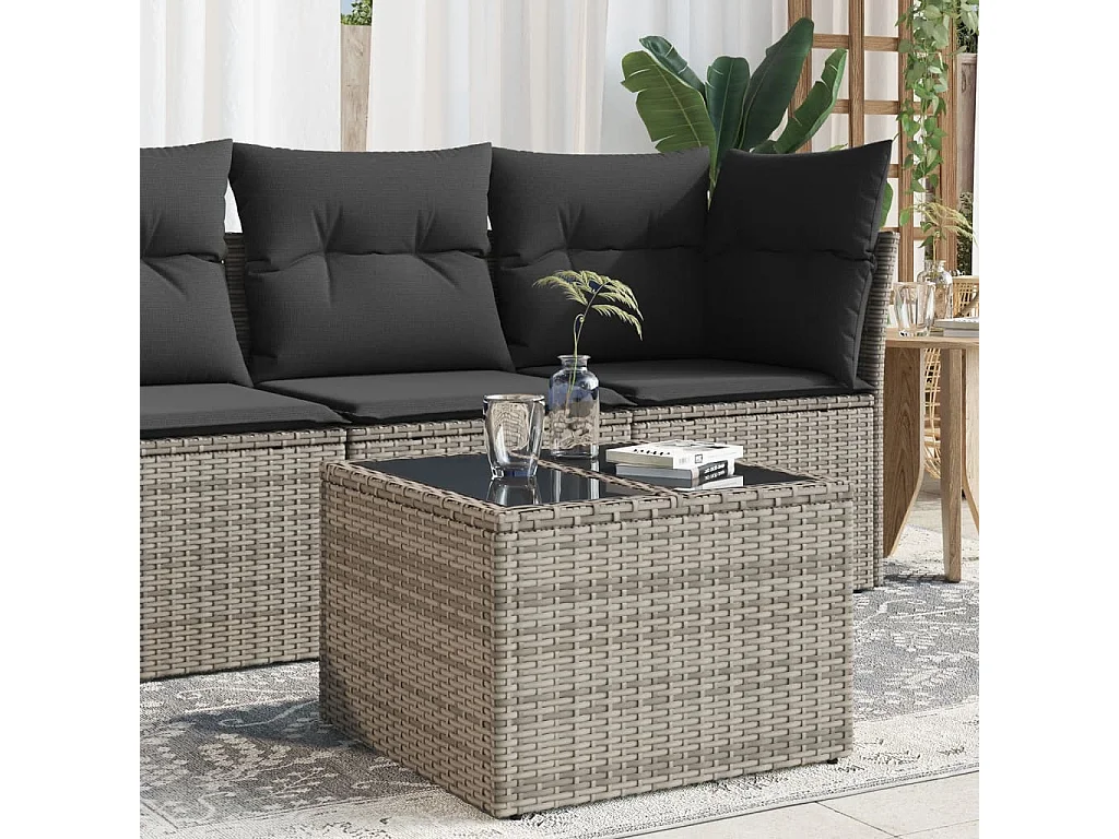 Table de jardin dessus en verre gris 55x55x37 cm résine tressée