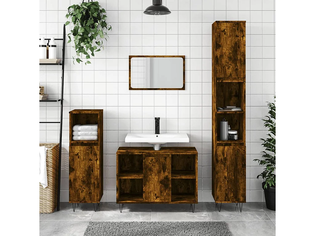 Badkamerkast 30x30x100 cm bewerkt hout gerookt eikenkleurig