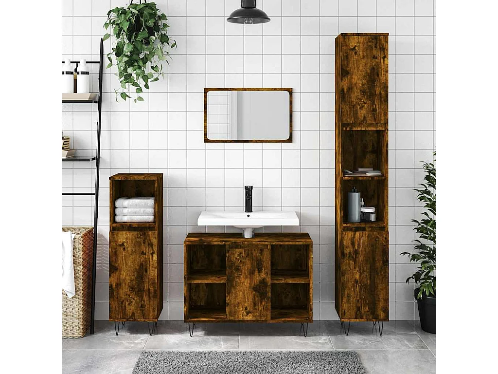 Armario de baño madera contrachapada roble ahumado 30x30x100 cm