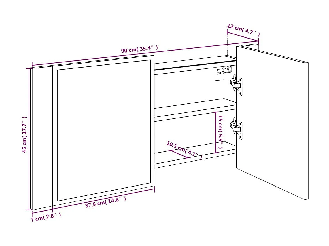 Armário WC c/ espelho e luzes LED acrílico carvalho fumado