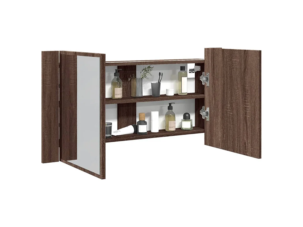 Armadietto Specchio con LED Rovere Marrone 90x12x45cm Acrilico