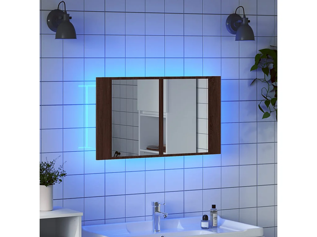 Armadietto Specchio con LED Rovere Marrone 80x12x45cm Acrilico