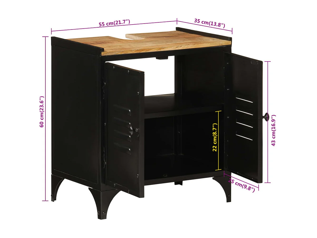 Armario de lavabo de baño hierro y madera mango 55x35x60 cm