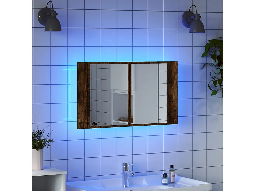 Badkamerkast met spiegel LED 80x12x45 acryl gerookt eikenkleur